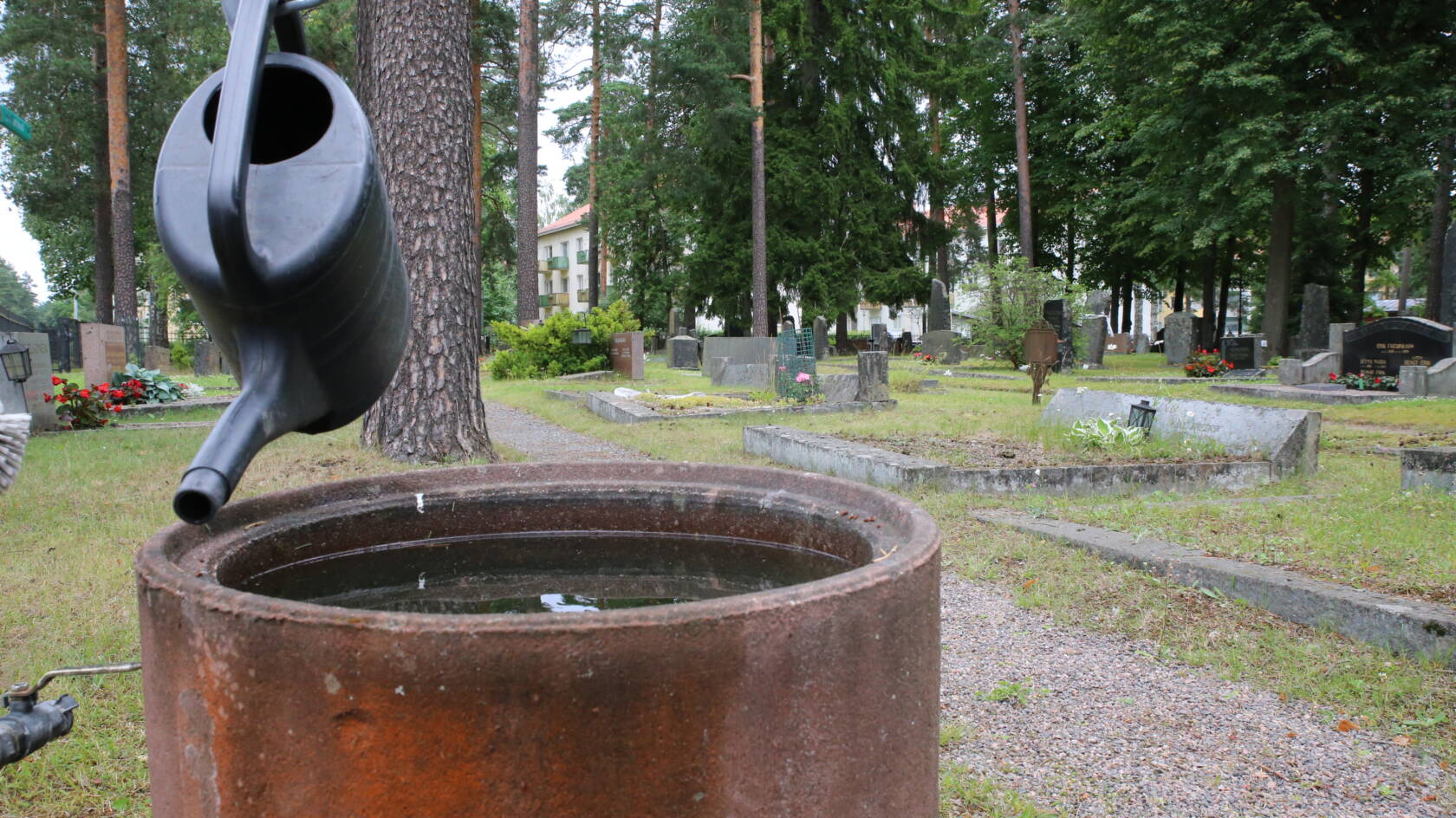 Vesiallas, jonka yllä roikkuu kastelukannu, taustalla hautausmaa.